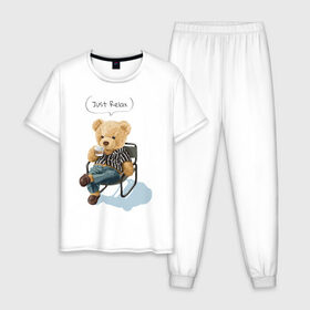 Мужская пижама хлопок с принтом Just Relax в Санкт-Петербурге, 100% хлопок | брюки и футболка прямого кроя, без карманов, на брюках мягкая резинка на поясе и по низу штанин
 | игрушка | кофе | медведь | милый | релакс | сидящий | стул | чилл