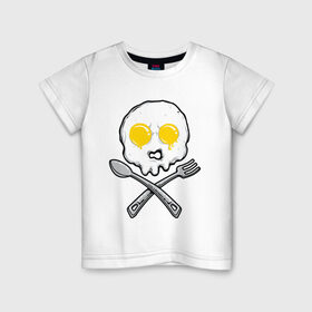 Детская футболка хлопок с принтом Череп яичница в Санкт-Петербурге, 100% хлопок | круглый вырез горловины, полуприлегающий силуэт, длина до линии бедер | Тематика изображения на принте: вилка | еда | завтрак | ложка | пиратский | флаг | череп | яичница | яйца