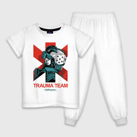 Детская пижама хлопок с принтом TRAUMA TEAM Cyberpunk 2077 в Санкт-Петербурге, 100% хлопок |  брюки и футболка прямого кроя, без карманов, на брюках мягкая резинка на поясе и по низу штанин
 | cyberpunk 2077 | hacker | maelstrom | militech | quadra | samurai | sci fi | technology | trauma team | v | будущее | игра | иероглифы | киану ривз | кибер | киберпанк | киборг | киборги | корпорация | лого | милитек | панк | роботы | самурай | т