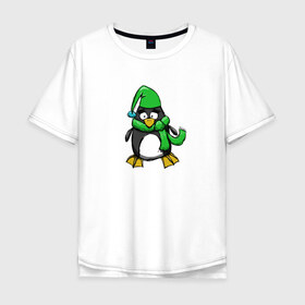 Мужская футболка хлопок Oversize с принтом Пингвин в Санкт-Петербурге, 100% хлопок | свободный крой, круглый ворот, “спинка” длиннее передней части | Тематика изображения на принте: пингвин | пингвин в шапке | пингвин в шарфе | рисунок | шарф