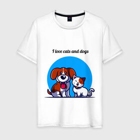 Мужская футболка хлопок с принтом cat and dog в Санкт-Петербурге, 100% хлопок | прямой крой, круглый вырез горловины, длина до линии бедер, слегка спущенное плечо. | cat | dog | dogs and cats | loving animals