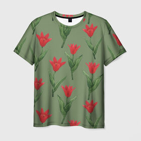 Мужская футболка 3D с принтом Красные тюльпаны на зеленом в Санкт-Петербурге, 100% полиэфир | прямой крой, круглый вырез горловины, длина до линии бедер | 8 марта | flowers | march 8 | spring | ботаническая иллюстрация | весна | день рождения | зеленый | красный | лето | любовь | праздник | принт | природа | растения | тюльпаны | цветы