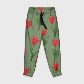 Детские брюки 3D с принтом Красные тюльпаны на зеленом в Санкт-Петербурге, 100% полиэстер | манжеты по низу, эластичный пояс регулируется шнурком, по бокам два кармана без застежек, внутренняя часть кармана из мелкой сетки | 8 марта | flowers | march 8 | spring | ботаническая иллюстрация | весна | день рождения | зеленый | красный | лето | любовь | праздник | принт | природа | растения | тюльпаны | цветы