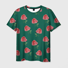 Мужская футболка 3D с принтом Розы на зеленом фоне в Санкт-Петербурге, 100% полиэфир | прямой крой, круглый вырез горловины, длина до линии бедер | 8 марта | flowers | march 8 | spring | ботаническая иллюстрация | весна | день рождения | зеленый | красный | лето | любовь | праздник | принт | природа | растения | розы | цветы