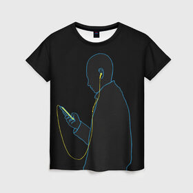 Женская футболка 3D с принтом Парень в наушниках(Неон) в Санкт-Петербурге, 100% полиэфир ( синтетическое хлопкоподобное полотно) | прямой крой, круглый вырез горловины, длина до линии бедер | музыка | наушники | неон | парень | телефон