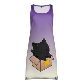 Платье-майка 3D с принтом черный котенок в коробке в Санкт-Петербурге, 100% полиэстер | полуприлегающий силуэт, широкие бретели, круглый вырез горловины, удлиненный подол сзади. | арт | бокс | градиент | кавай | коробка | кот | котенок | котик | миленько | милота | рисунок