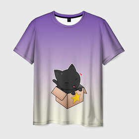 Мужская футболка 3D с принтом черный котенок в коробке в Санкт-Петербурге, 100% полиэфир | прямой крой, круглый вырез горловины, длина до линии бедер | Тематика изображения на принте: арт | бокс | градиент | кавай | коробка | кот | котенок | котик | миленько | милота | рисунок