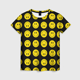 Женская футболка 3D с принтом Смайлики в Санкт-Петербурге, 100% полиэфир ( синтетическое хлопкоподобное полотно) | прямой крой, круглый вырез горловины, длина до линии бедер | emoji | smile | sticker | грусть | любовь | печаль | плачь | смайлики | стикеры | текстура | улыбка | эмоджи | эмодзи