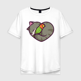 Мужская футболка хлопок Oversize с принтом Кот - сердце в Санкт-Петербурге, 100% хлопок | свободный крой, круглый ворот, “спинка” длиннее передней части | животное | зверь | кот | кот   сердце | кошка | попугай | птицы