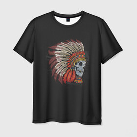 Мужская футболка 3D с принтом Череп Индейца в Санкт-Петербурге, 100% полиэфир | прямой крой, круглый вырез горловины, длина до линии бедер | америка | индеец | племя | череп | черный