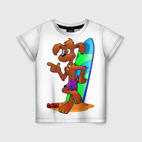 Детская футболка 3D с принтом Лыжная собака в Санкт-Петербурге, 100% гипоаллергенный полиэфир | прямой крой, круглый вырез горловины, длина до линии бедер, чуть спущенное плечо, ткань немного тянется | вода | животное | краб | лыжи | лыжная собака | море | пляж | собака