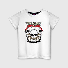 Детская футболка хлопок с принтом Metallica в Санкт-Петербурге, 100% хлопок | круглый вырез горловины, полуприлегающий силуэт, длина до линии бедер | Тематика изображения на принте: hard | metallica | rock | голова | группа | кости | крылья | металлика | музыка | надпись | рок | скелет | череп