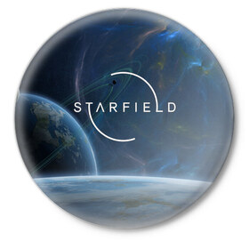 Значок с принтом Starfield в Санкт-Петербурге,  металл | круглая форма, металлическая застежка в виде булавки | bethesda game studios | bethesda softworks | звездное | космос | планеты