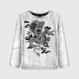 Детский лонгслив 3D с принтом ДРАКОН | DRAGON в Санкт-Петербурге, 100% полиэстер | длинные рукава, круглый вырез горловины, полуприлегающий силуэт
 | anime | china | dragon | japan | katana | samurai | smoke | snake | sword | tattoo | аниме | дракон | дым | змей | катана | китай | меч | самурай | тату | татуировка | япония