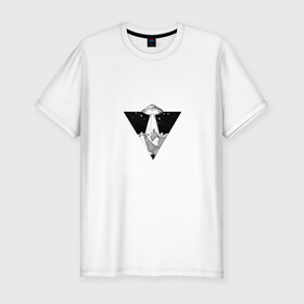 Мужская футболка хлопок Slim с принтом Летающая тарелка в Санкт-Петербурге, 92% хлопок, 8% лайкра | приталенный силуэт, круглый вырез ворота, длина до линии бедра, короткий рукав | горы | летающая тарелка | нло | сюрреализм | черно белое