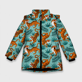 Зимняя куртка для девочек 3D с принтом Рычащие Тигры Паттерн в Санкт-Петербурге, ткань верха — 100% полиэстер; подклад — 100% полиэстер, утеплитель — 100% полиэстер. | длина ниже бедра, удлиненная спинка, воротник стойка и отстегивающийся капюшон. Есть боковые карманы с листочкой на кнопках, утяжки по низу изделия и внутренний карман на молнии. 

Предусмотрены светоотражающий принт на спинке, радужный светоотражающий элемент на пуллере молнии и на резинке для утяжки. | black | cat | chill | relax | tiger | животные | коралловый | кот | кошки | лев | леопарды | отдых | паттерн | полосатый | полосы | растения | тигры | узор | цветы