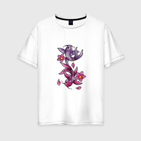 Женская футболка хлопок Oversize с принтом Рыбы цветы весна в Санкт-Петербурге, 100% хлопок | свободный крой, круглый ворот, спущенный рукав, длина до линии бедер
 | весна | двое | нереальное сочетание | пара | подводный мир | рисунок | рыбки | рыбы | узор | фиолетовый | цветы