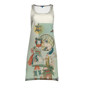 Платье-майка 3D с принтом девушка кимоно зима Япония кот в Санкт-Петербурге, 100% полиэстер | полуприлегающий силуэт, широкие бретели, круглый вырез горловины, удлиненный подол сзади. | аниме | девушка | зима | кимоно | кот | снегирь | стиль | традиционная одежда | тросник | фонарь | япония