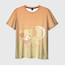 Мужская футболка 3D с принтом милашный зверек в Санкт-Петербурге, 100% полиэфир | прямой крой, круглый вырез горловины, длина до линии бедер | бантик | галстук | кавай | колокольчик | кот | котик | кошка | мех | модный | мягкий | мяконький | пес | песик | собака | улыбка | уши | хвост | щенок