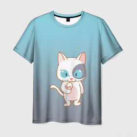 Мужская футболка 3D с принтом кот с мороженкой в Санкт-Петербурге, 100% полиэфир | прямой крой, круглый вырез горловины, длина до линии бедер | голубые глаза | кот | котенок | котик | кошак | мороженка | мороженко | мороженое | прямоходячий | рисунок | рожок