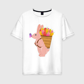 Женская футболка хлопок Oversize с принтом Весенний кролик с цветами в Санкт-Петербурге, 100% хлопок | свободный крой, круглый ворот, спущенный рукав, длина до линии бедер
 | бабочка | зайчик | кролик | тюльпаны | цветы