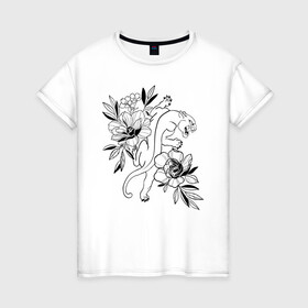 Женская футболка хлопок с принтом кошка с цветами тату  в Санкт-Петербурге, 100% хлопок | прямой крой, круглый вырез горловины, длина до линии бедер, слегка спущенное плечо | tatoo | азия | ботаника | луна | скульптура | тату | тренд | цветок | цветы