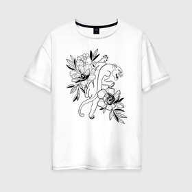 Женская футболка хлопок Oversize с принтом кошка с цветами тату  в Санкт-Петербурге, 100% хлопок | свободный крой, круглый ворот, спущенный рукав, длина до линии бедер
 | tatoo | азия | ботаника | луна | скульптура | тату | тренд | цветок | цветы