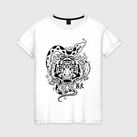 Женская футболка хлопок с принтом тигр и змея  в Санкт-Петербурге, 100% хлопок | прямой крой, круглый вырез горловины, длина до линии бедер, слегка спущенное плечо | tatoo | ботаника | змея | иероглифы | тату | тигр | тренд | цветок