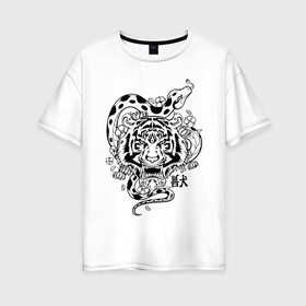 Женская футболка хлопок Oversize с принтом тигр и змея  в Санкт-Петербурге, 100% хлопок | свободный крой, круглый ворот, спущенный рукав, длина до линии бедер
 | tatoo | ботаника | змея | иероглифы | тату | тигр | тренд | цветок