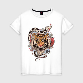 Женская футболка хлопок с принтом тигр  со змеей  в Санкт-Петербурге, 100% хлопок | прямой крой, круглый вырез горловины, длина до линии бедер, слегка спущенное плечо | tatoo | ботаника | змея | иероглифы | тату | тигр | тренд | цветок