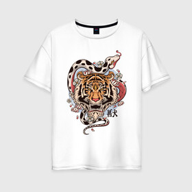 Женская футболка хлопок Oversize с принтом тигр  со змеей  в Санкт-Петербурге, 100% хлопок | свободный крой, круглый ворот, спущенный рукав, длина до линии бедер
 | tatoo | ботаника | змея | иероглифы | тату | тигр | тренд | цветок