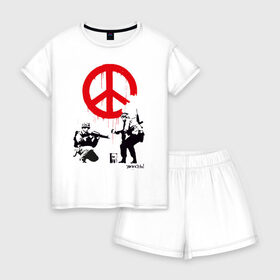 Женская пижама с шортиками хлопок с принтом Make peace no war | Banksy в Санкт-Петербурге, 100% хлопок | футболка прямого кроя, шорты свободные с широкой мягкой резинкой | art | banksy | street art | арт | бэнкси | граффити | со смыслом | сосмыслом | стритарт