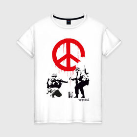 Женская футболка хлопок с принтом Make peace no war | Banksy в Санкт-Петербурге, 100% хлопок | прямой крой, круглый вырез горловины, длина до линии бедер, слегка спущенное плечо | art | banksy | street art | арт | бэнкси | граффити | со смыслом | сосмыслом | стритарт