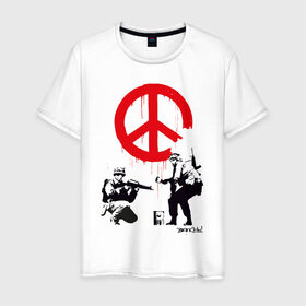 Мужская футболка хлопок с принтом Make peace no war | Banksy в Санкт-Петербурге, 100% хлопок | прямой крой, круглый вырез горловины, длина до линии бедер, слегка спущенное плечо. | art | banksy | street art | арт | бэнкси | граффити | со смыслом | сосмыслом | стритарт