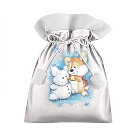 Подарочный 3D мешок с принтом Корги и снеговик в Санкт-Петербурге, 100% полиэстер | Размер: 29*39 см | Тематика изображения на принте: зима | корги | малыш | снеговик | снежинки | собака | щенок