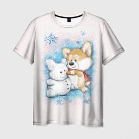 Мужская футболка 3D с принтом Корги и снеговик в Санкт-Петербурге, 100% полиэфир | прямой крой, круглый вырез горловины, длина до линии бедер | зима | корги | малыш | снеговик | снежинки | собака | щенок