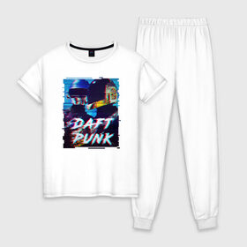Женская пижама хлопок с принтом Daft Punk в Санкт-Петербурге, 100% хлопок | брюки и футболка прямого кроя, без карманов, на брюках мягкая резинка на поясе и по низу штанин | Тематика изображения на принте: da funk | daft punk | daftpunk | epilogue | get lucky | instant crush | lose yourself to dance | music | one more time | ги мануэл де омем кристо | дафт панк | дафтпанк | том бангальтер