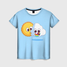Женская футболка 3D с принтом Ребёнок солнца и дождя в Санкт-Петербурге, 100% полиэфир ( синтетическое хлопкоподобное полотно) | прямой крой, круглый вырез горловины, длина до линии бедер | детские рисунки | дождь | облако | погода | радуга | ребёнок солнца и дождя | родители | синий фон | солнце