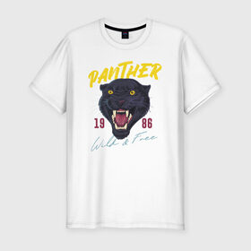 Мужская футболка хлопок Slim с принтом Пантера в Санкт-Петербурге, 92% хлопок, 8% лайкра | приталенный силуэт, круглый вырез ворота, длина до линии бедра, короткий рукав | 1986 | panther | wild | дикая | кошка | крупная кошка | пантера