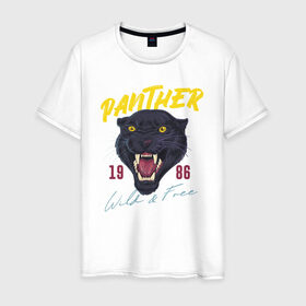 Мужская футболка хлопок с принтом Пантера в Санкт-Петербурге, 100% хлопок | прямой крой, круглый вырез горловины, длина до линии бедер, слегка спущенное плечо. | 1986 | panther | wild | дикая | кошка | крупная кошка | пантера