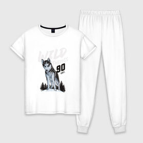 Женская пижама хлопок с принтом Волк в Санкт-Петербурге, 100% хлопок | брюки и футболка прямого кроя, без карманов, на брюках мягкая резинка на поясе и по низу штанин | волк | дикая | дикая собака | елки | лес | пес | собака | хаски