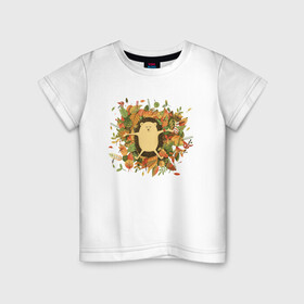 Детская футболка хлопок с принтом Осенний ежик в Санкт-Петербурге, 100% хлопок | круглый вырез горловины, полуприлегающий силуэт, длина до линии бедер | ёжик | животные | листья | милый ёжик | осень