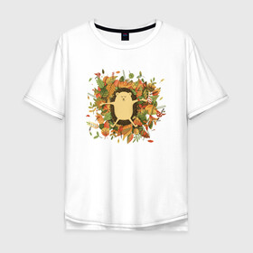 Мужская футболка хлопок Oversize с принтом Осенний ежик в Санкт-Петербурге, 100% хлопок | свободный крой, круглый ворот, “спинка” длиннее передней части | Тематика изображения на принте: ёжик | животные | листья | милый ёжик | осень