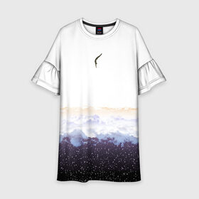 Детское платье 3D с принтом Прыжок в небо в Санкт-Петербурге, 100% полиэстер | прямой силуэт, чуть расширенный к низу. Круглая горловина, на рукавах — воланы | закат | звёзды | небо | облака | падение | погружение | прыгун | сюр | сюрреализм | человек