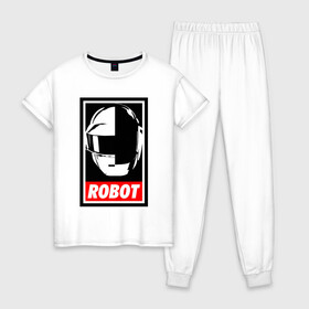 Женская пижама хлопок с принтом Daft Punk в Санкт-Петербурге, 100% хлопок | брюки и футболка прямого кроя, без карманов, на брюках мягкая резинка на поясе и по низу штанин | cyberpunk | daft | daftpunk | electronic | get | guy | guy manuel | human | lucky | music | punk | robot | rock | thomas | дафт | дафтпанк | киберпанк | музыка | ню диско | панк | робот | рок | техно | томас | электро | электроник рок