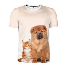 Мужская футболка 3D спортивная с принтом щенок и котенок друзья в Санкт-Петербурге, 100% полиэстер с улучшенными характеристиками | приталенный силуэт, круглая горловина, широкие плечи, сужается к линии бедра | ветеринару | друзья | животные домашние | кот | котенок | любителю собак | млекопитающее | мультипликационный персонаж | мультяшная собака | мэй кун | песики | питомцы | псы | собакены | собаки