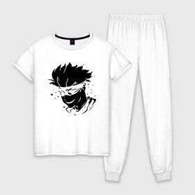 Женская пижама хлопок с принтом JUJUTSU KAISEN граффити в Санкт-Петербурге, 100% хлопок | брюки и футболка прямого кроя, без карманов, на брюках мягкая резинка на поясе и по низу штанин | Тематика изображения на принте: anime | boy | gg | gojou | jujutsu | kaisen | kun | mag | satoru | superhero | аниме | белое | битва | гг | глаза | глазах | годзё | капли | краски | кун | лицо | маг | магическая | на | персонаж | персонажа | повязка | сатору