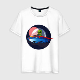 Мужская футболка хлопок с принтом Инопланетянин пришелец в Санкт-Петербурге, 100% хлопок | прямой крой, круглый вырез горловины, длина до линии бедер, слегка спущенное плечо. | инопланетянин | летающая тарелка | нло | пришелец