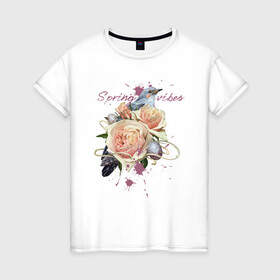 Женская футболка хлопок с принтом Spring vibes в Санкт-Петербурге, 100% хлопок | прямой крой, круглый вырез горловины, длина до линии бедер, слегка спущенное плечо | 8 марта | весна | девушке | женский | мама | подарок | топ | тренд | феминизм | цветы