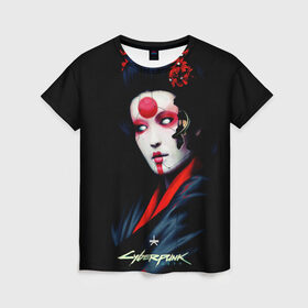Женская футболка 3D с принтом Cyberpunk 2077 самурай в Санкт-Петербурге, 100% полиэфир ( синтетическое хлопкоподобное полотно) | прямой крой, круглый вырез горловины, длина до линии бедер | cuberpunk 2077 | ви | джонни сильверхенд | киану ривз | мелиса | рок н рол | самурай